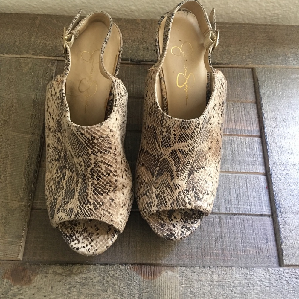 Platform sandals snake skin.